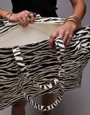 Mango Zebra Canvas Shopper Bag In Black