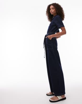 Mango - Lässig geschnittener Jumpsuit aus Denim in Dunkelblau mit Reißverschluss