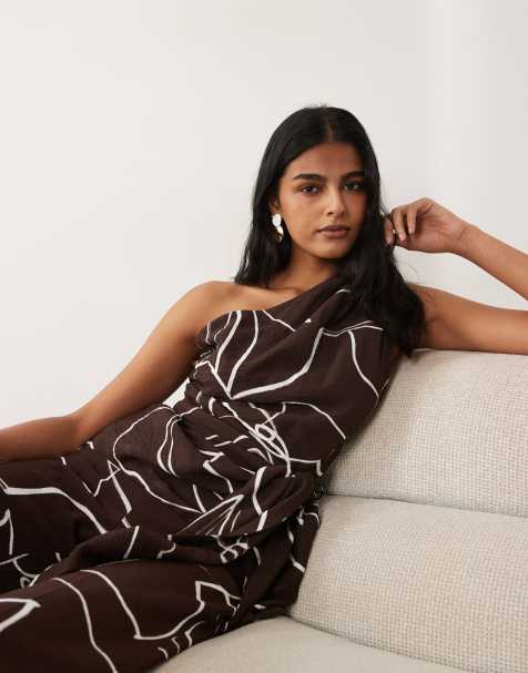 Mango Lauren one shoulder tie waist sleeveless top co-ord in brown swirl print - view 1