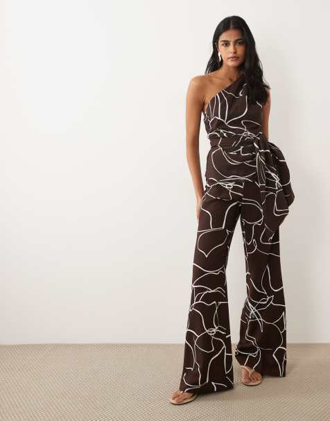 Mango Lauren one shoulder tie waist sleeveless top & trouser co-ord in brown swirl print - view 1