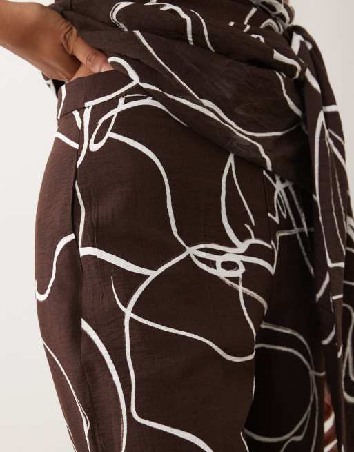 Mango Lauren - Pantaloni dritti marroni con stampa astratta in coordinato, 4 di 5