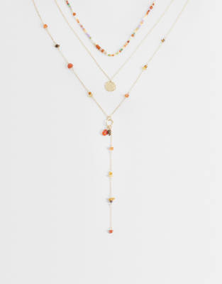 Mango Layered Beaded Pendent Necklace In Gold