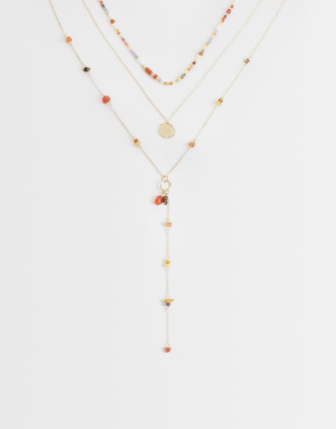 Mango layered beaded pendent necklace in gold - view 1