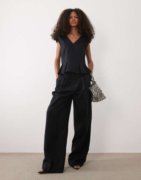 Mango - Lbolga - Ensemble en lin mélangé avec top sans manches avec col V et ourlet à basque et pantalon - Bleu marine - view 1