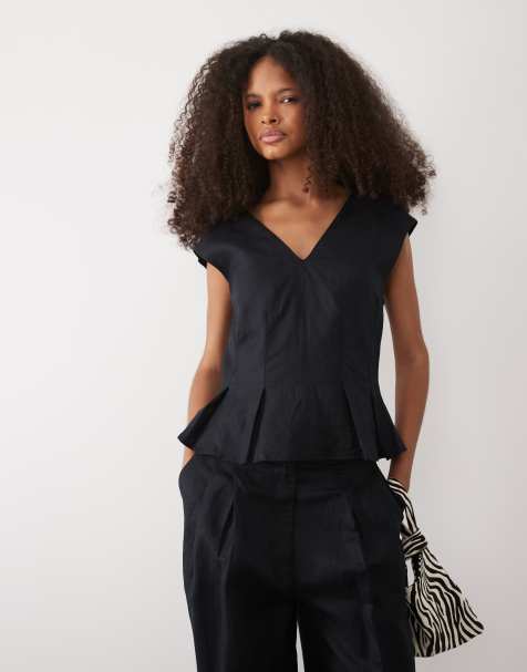 Mango Lbolga linen mix v neck sleeveless peplum hem top co-ord in navy