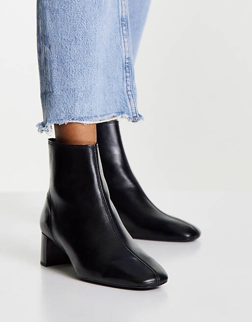 Mango leather ankle mid heeled boots with square toe in black | ASOS