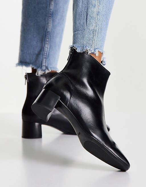 Mango leather ankle mid heeled boots with square toe black | ASOS