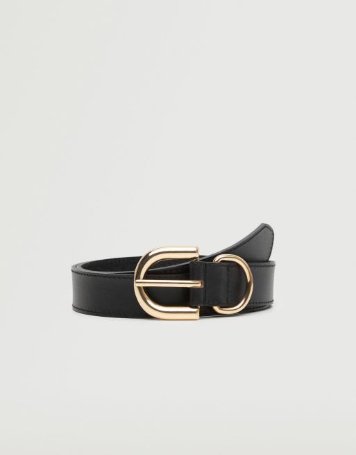 Mango leather belt with gold buckle in black | ASOS