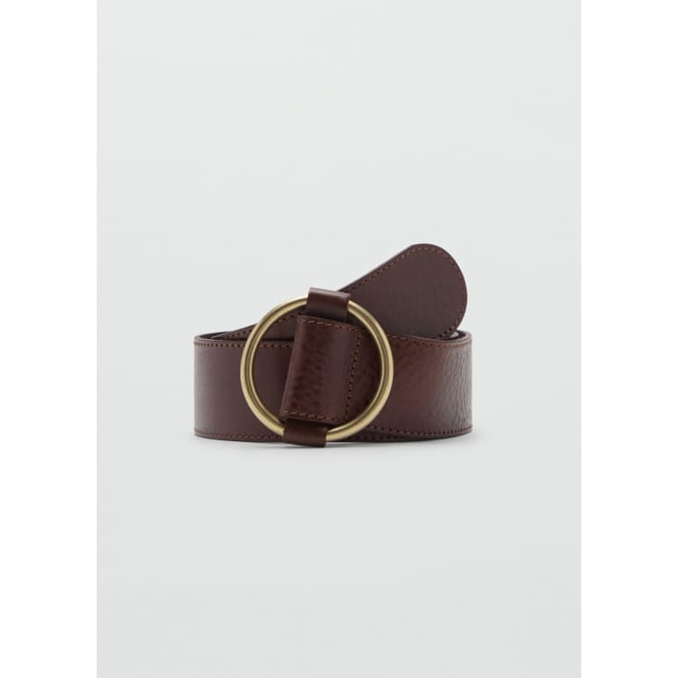 Mango leather belt with round gold-tone buckle in brown | ASOS