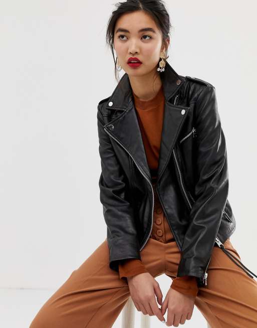 Mango leather biker jacket in Black ASOS