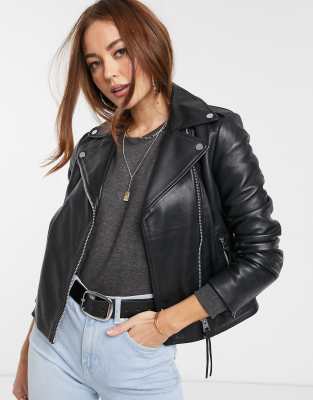 Mango leather biker jacket in black