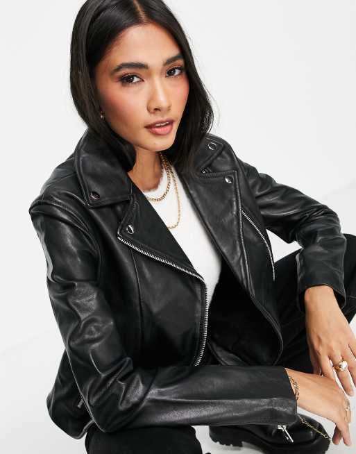 Mango black leather on sale jacket