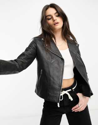 Topshop Petite faux leather shearling zip front oversized aviator jacket  with double collar detail in black