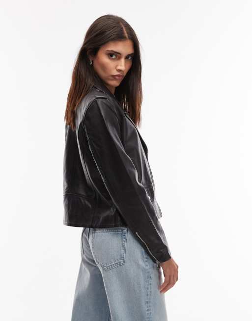 Mango leather biker jacket in black, 3 of 4