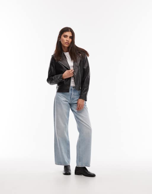 Mango leather biker jacket in black, 4 of 4