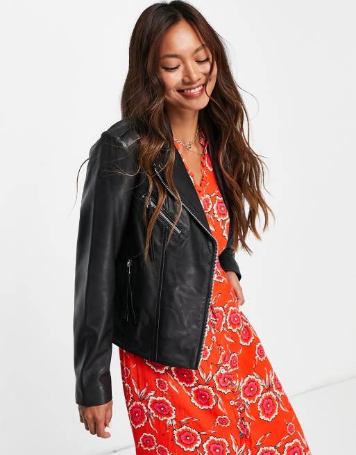 Mango leather biker jacket in black