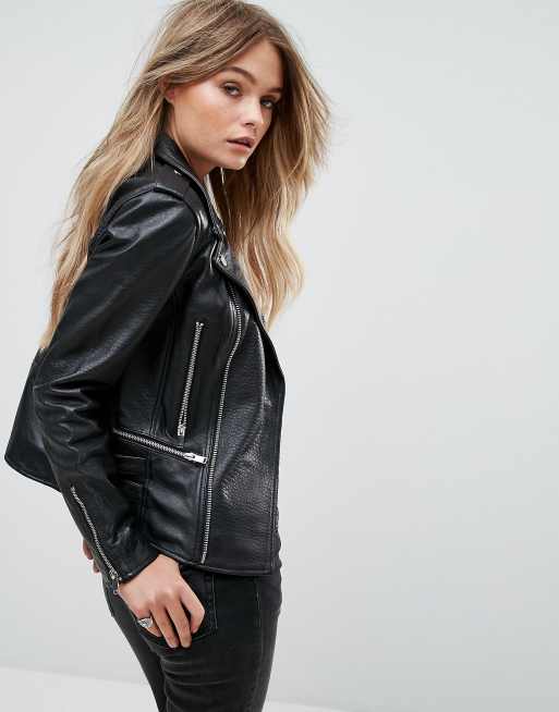 Mango Real Leather Biker Jacket, ASOS