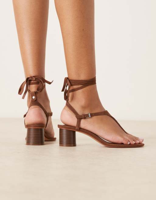 Mango leather block heel sandals with tie closures in brown ASOS