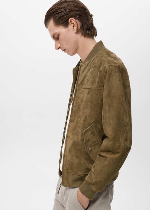 Mango leather bomber jacket in khaki, 2 of 5