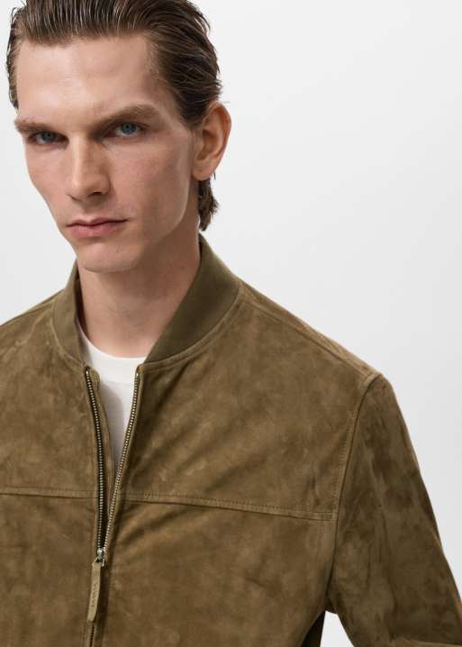 Mango leather bomber jacket in khaki, 3 of 5