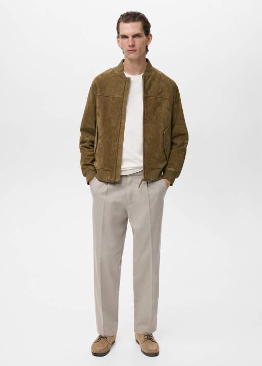 Mango leather bomber jacket in khaki, 4 of 5