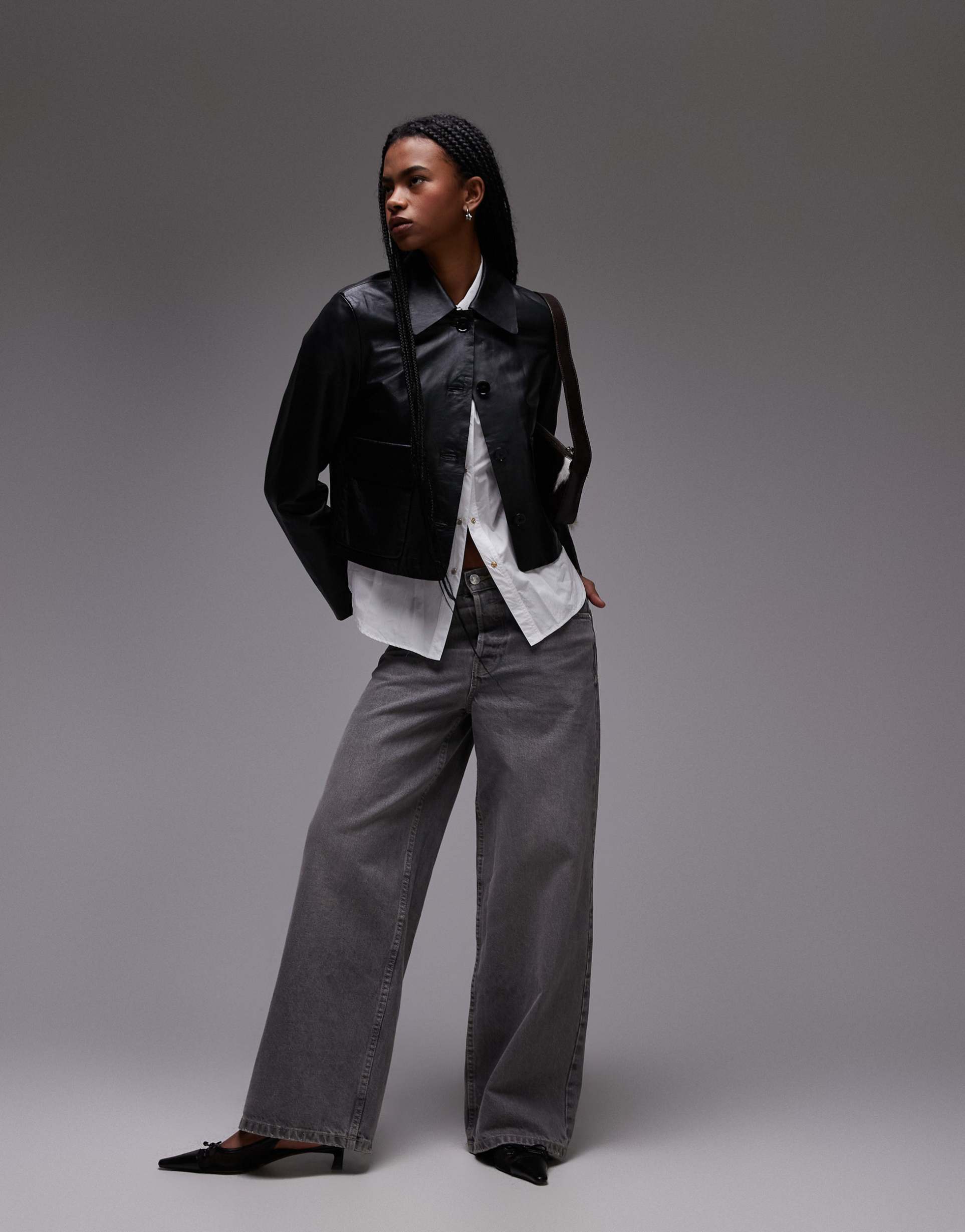 mango leather boxy jacket in black