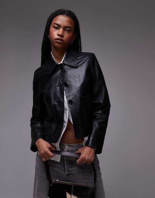 Mango leather boxy jacket in black