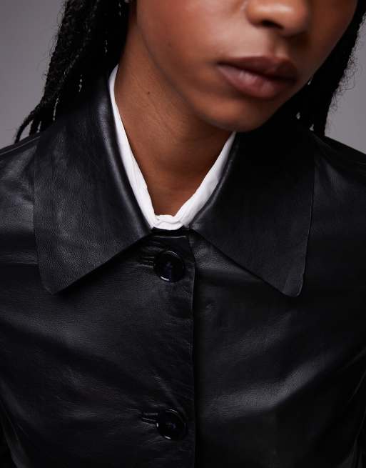 Mango leather boxy jacket in black