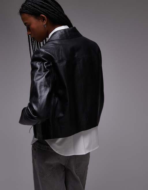 Mango leather boxy jacket in black
