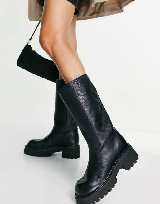 Mango leather chunky riding boots in black | ASOS