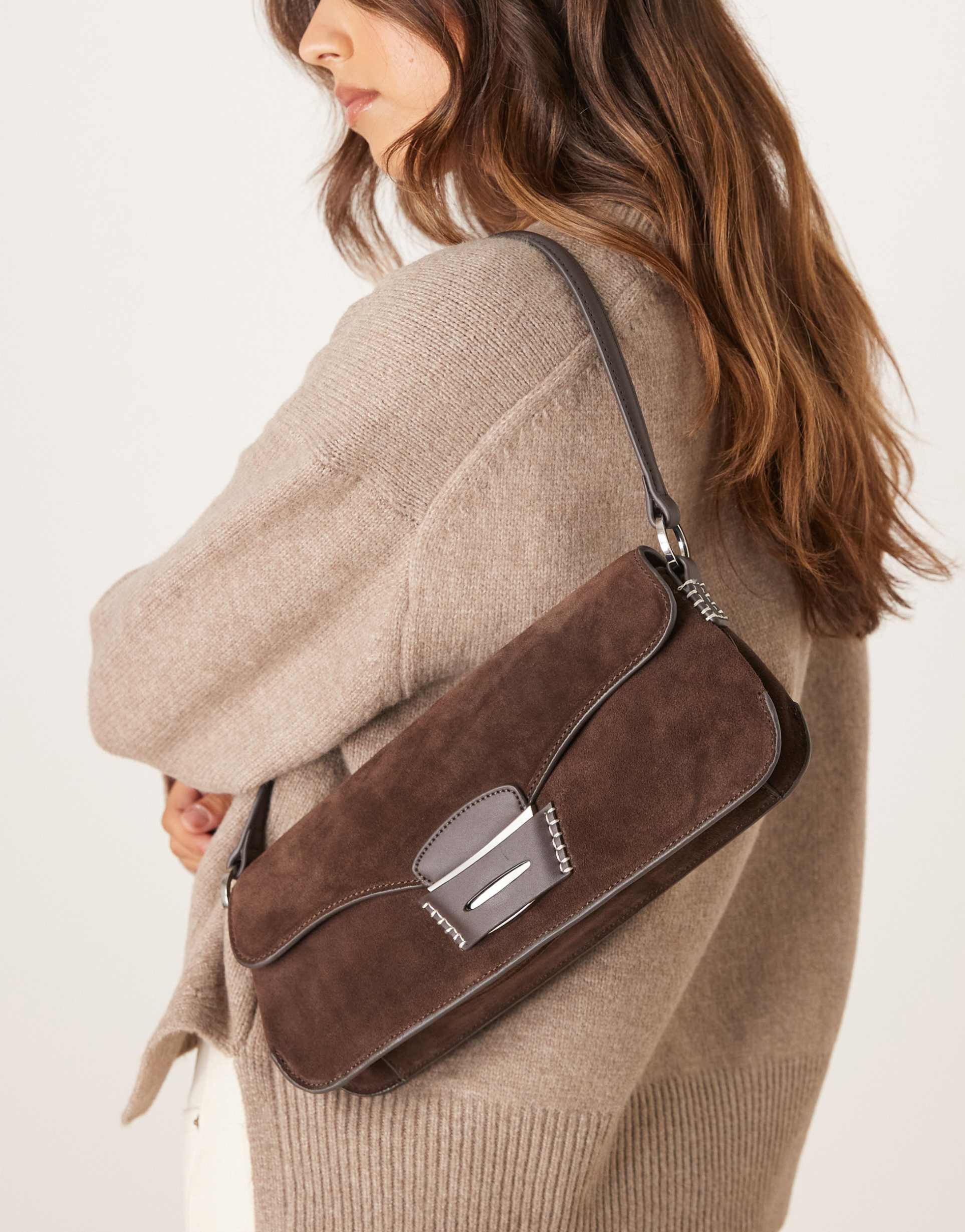 mango leather contrast stitch shoulder bag in dark brown
