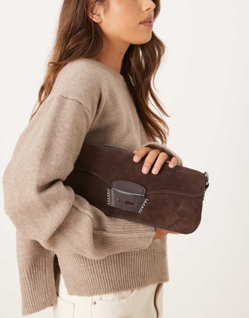 Mango leather contrast stitch shoulder bag in dark brown