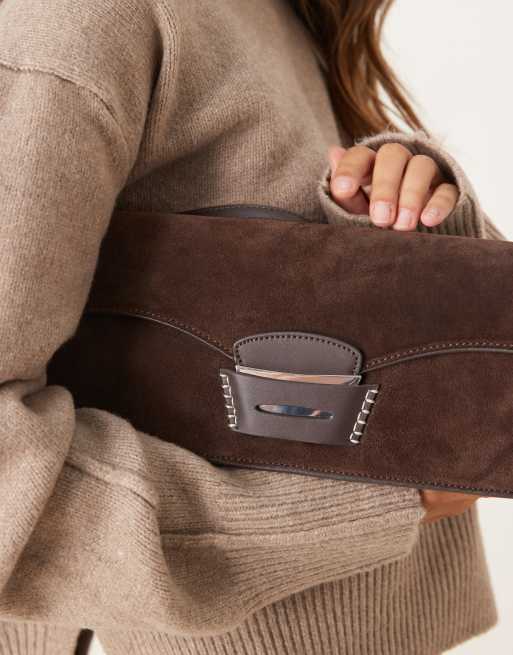 Mango leather contrast stitch shoulder bag in dark brown