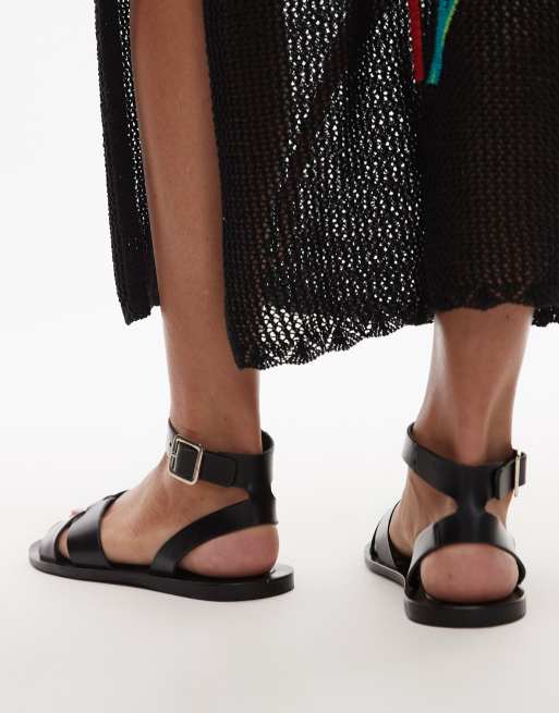 Mango leather cross over strap detail sandals in black | ASOS