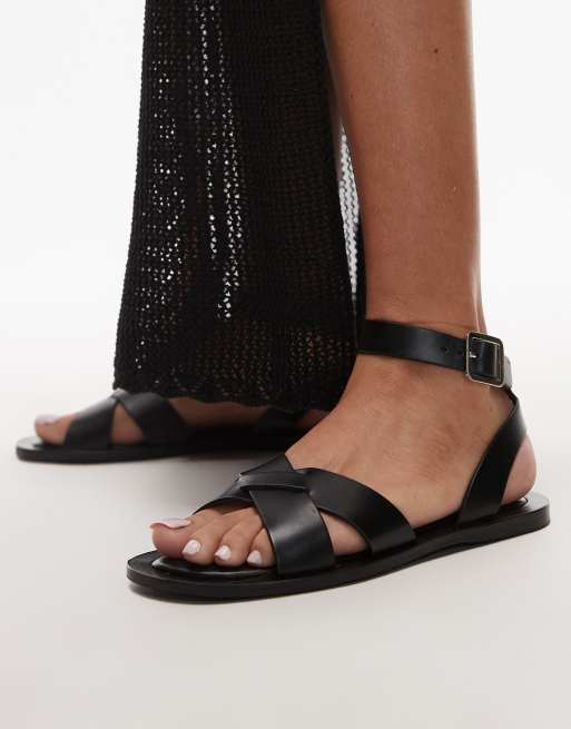 Mango leather cross over strap detail sandals in black | ASOS