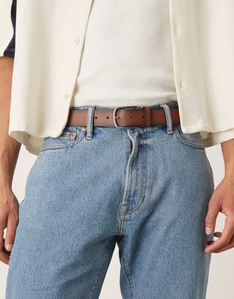 Mango leather curved buckle belt in washed brown - view 1