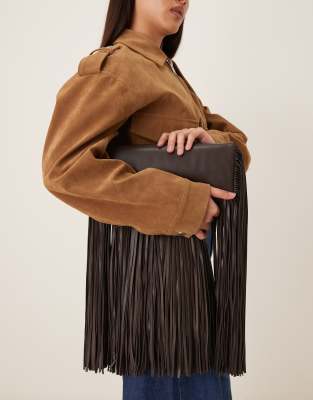 Mango Leather Drape Fringe Bag In Blue