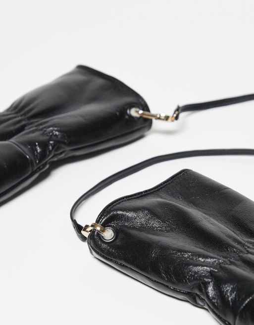 Mango leather faux fur lined gloves in deep black, 2 of 3