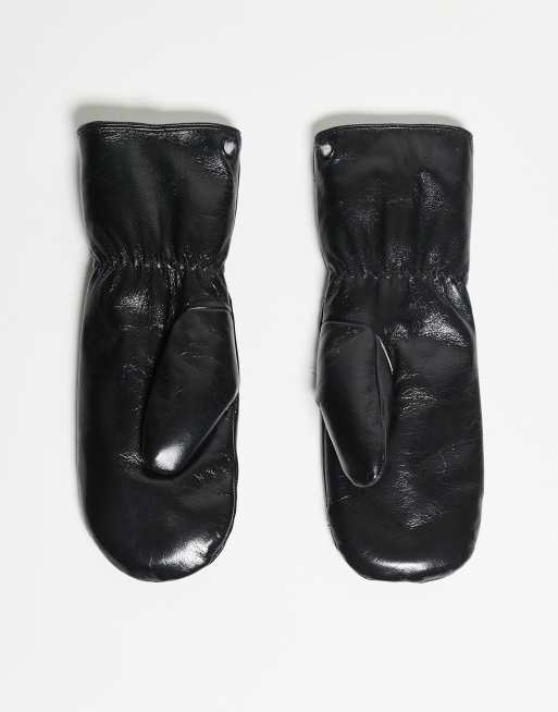 Mango leather faux fur lined gloves in deep black, 3 of 3