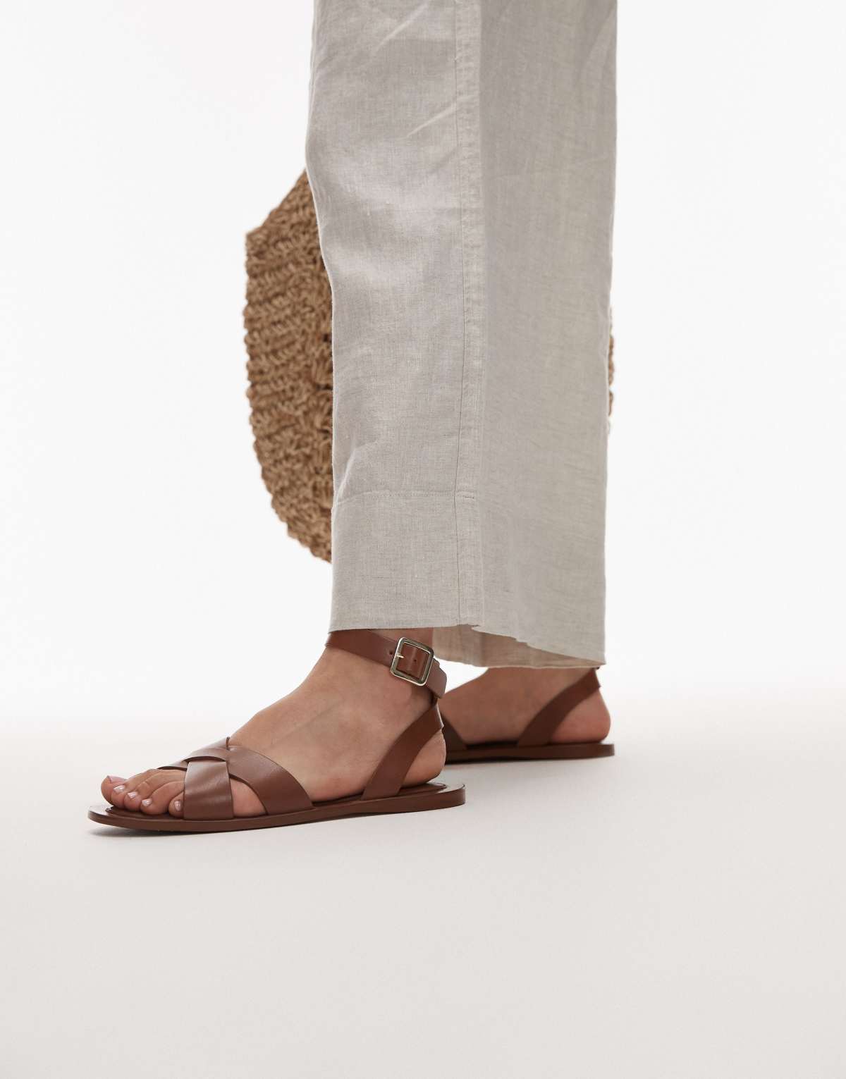 Mango leather flat sandals in brown