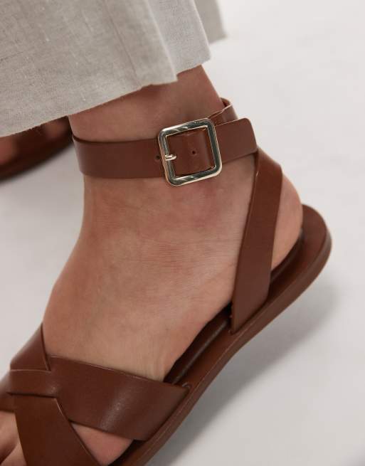 Mango leather flat sandals in brown ASOS