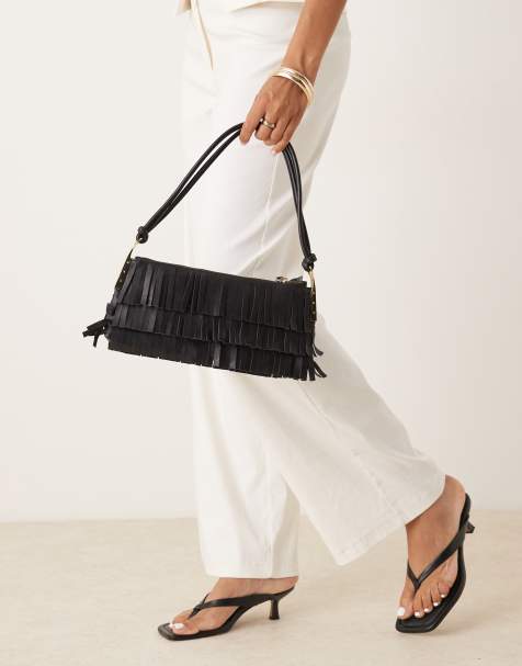 Mango leather fringe hand bag with gold tone accents in black - view 1