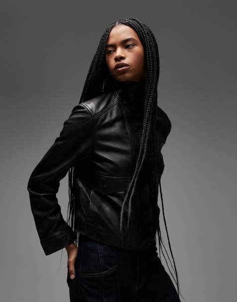Mango leather funnel neck jacket in dark brown - view 1