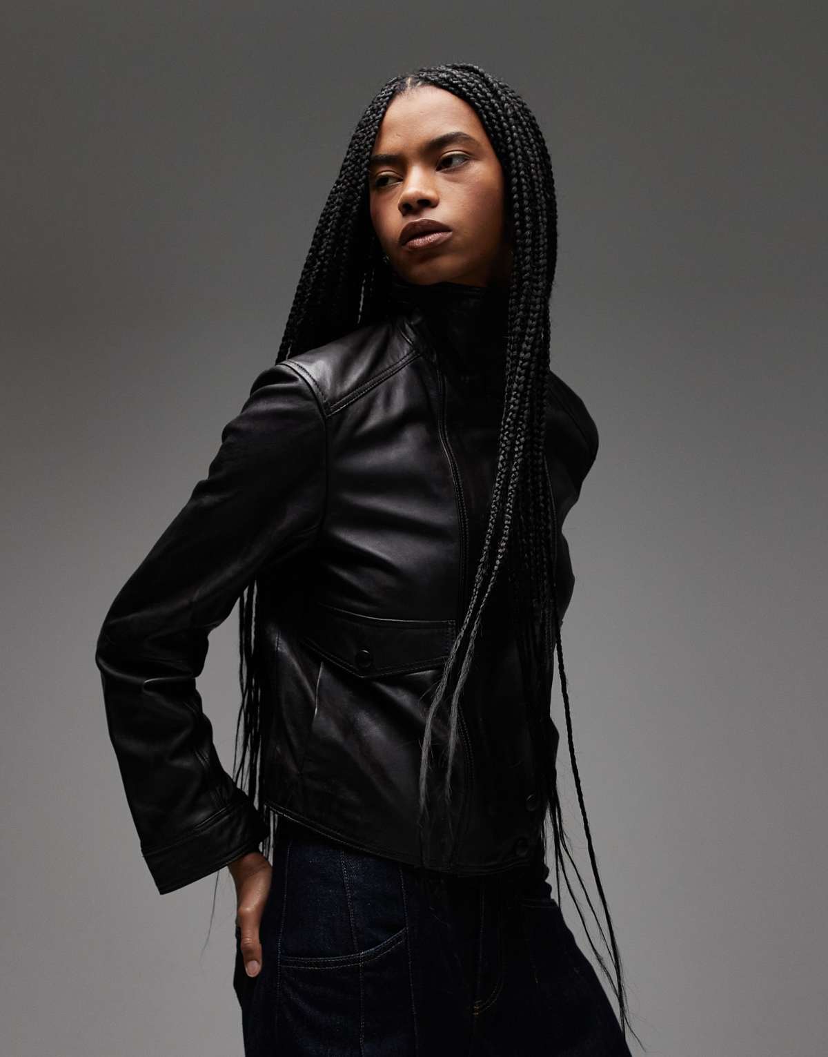 Mango leather funnel neck jacket in dark brown
