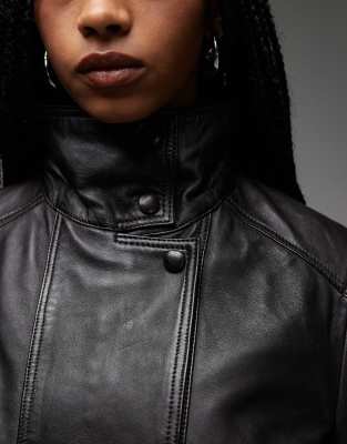 Mango Leather Funnel Neck Jacket In Black