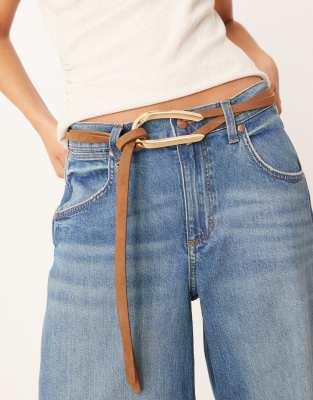 leather gold tone hoop detail tie belt in brown