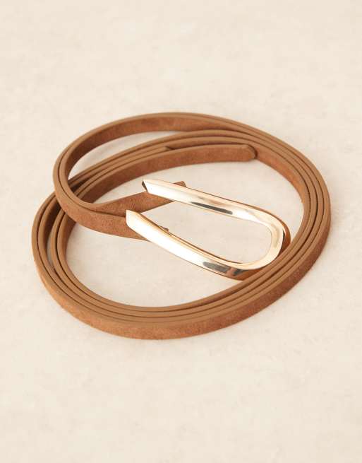 Mango leather gold tone hoop detail tie belt in brown