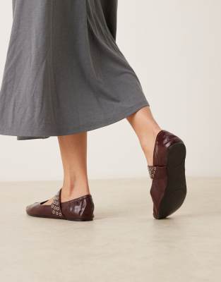 Mango Leather Grommet Strap Toe Detailing Flat Shoes In Brown