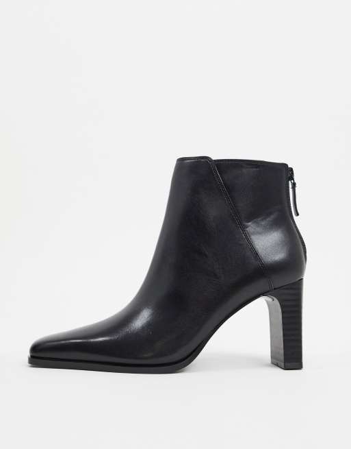 Mango leather heeled ankle boot with square toe in black ASOS