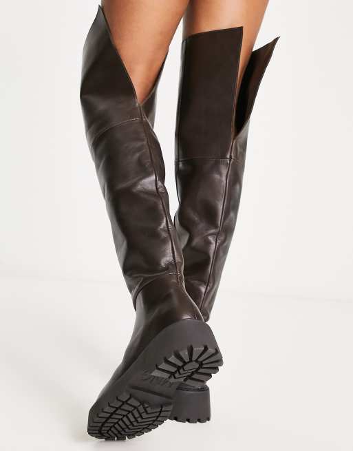 Flat heel knee 2024 high leather boots